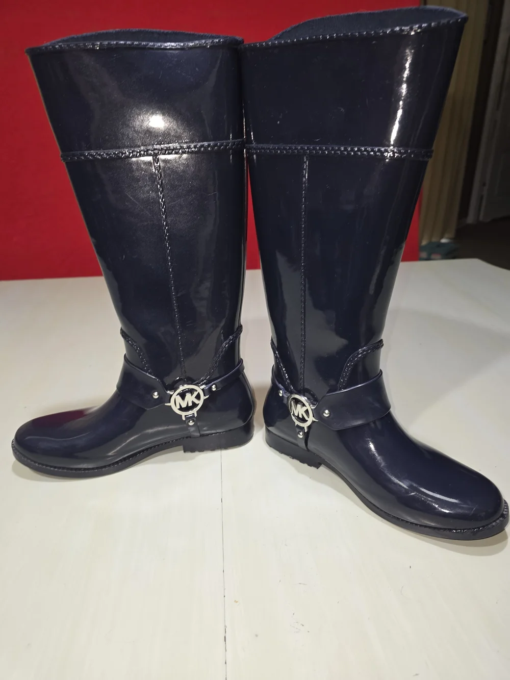 Michael Kors Fulton Harness Tall Navy Rain Boots MK Logo Women's Knee High